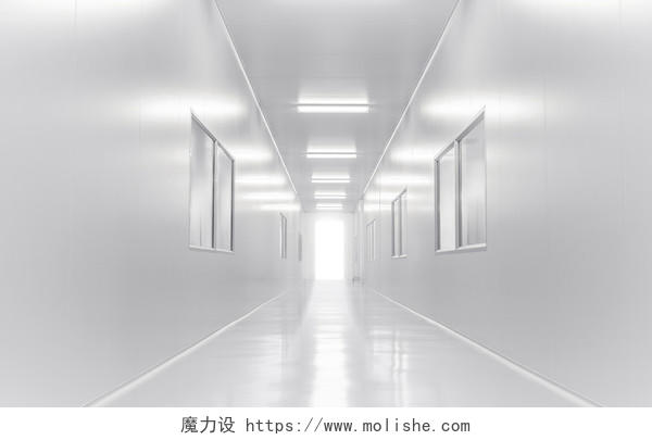 现代科学实验室房间打开门从外面的灯光